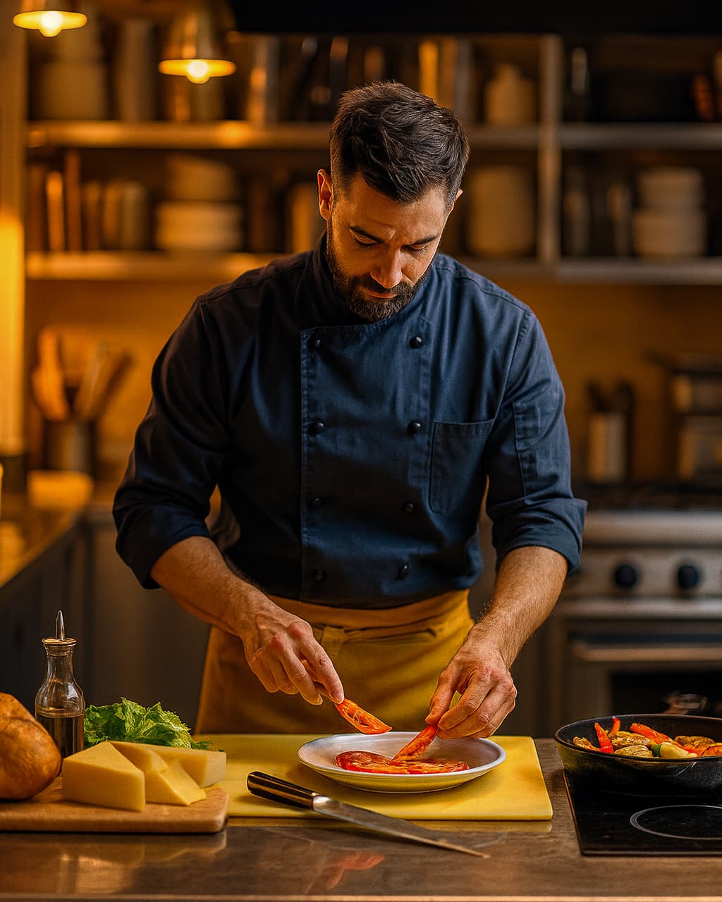 Chef in a modern kitchen using Menulytics.AI – brand-styled navy & gold ambiance